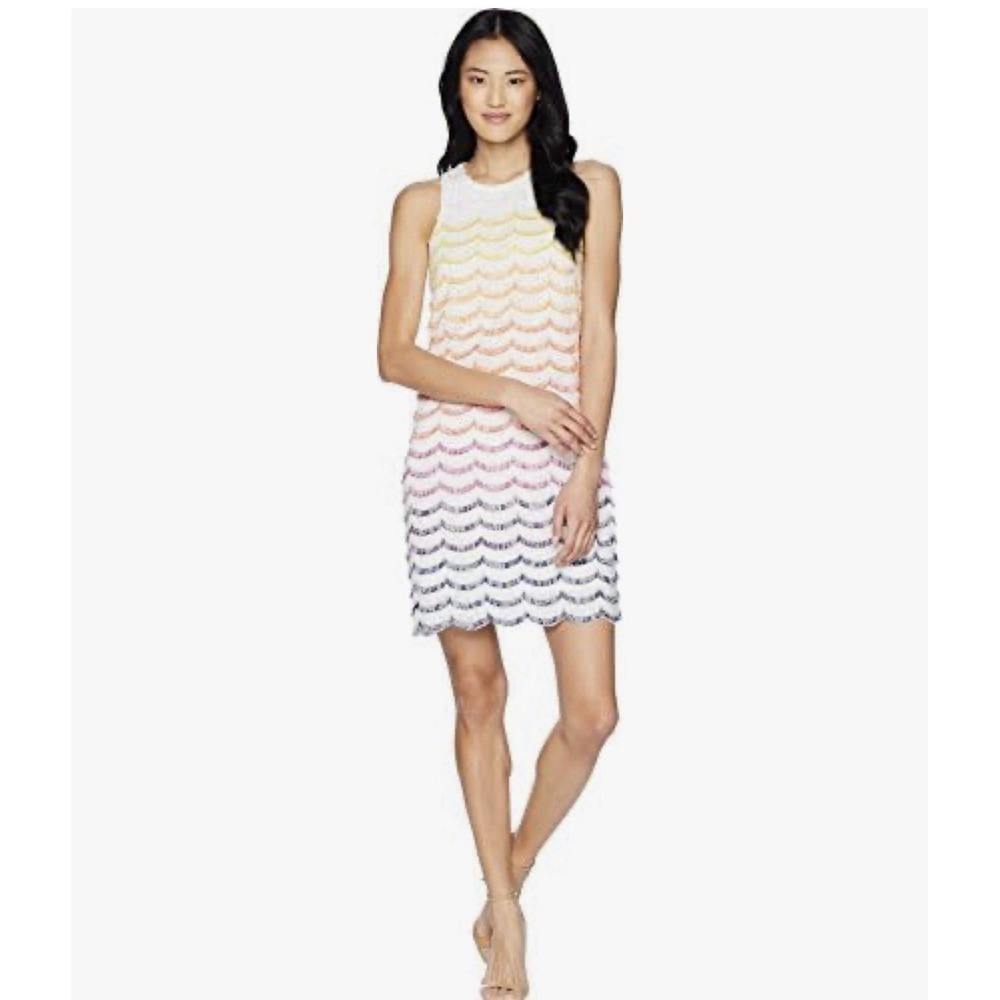 NWOT Trina Turk Rainbow Scallop Fringe Stripes On White Lace Shift Dress Size 4